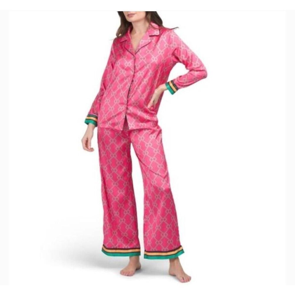 Pink Patterned Satin Pajama Top ONLY - Women's Long Sleeve Sleepwear